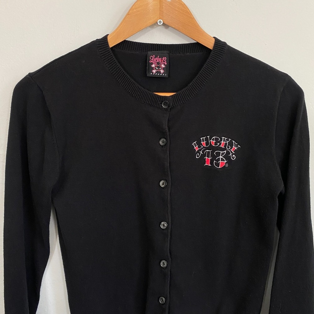 Lucky 13 Cardigan Women Sz Medium Black Burlesque Pin Up Girls Heartbreaker Y2K - Picture 3 of 11